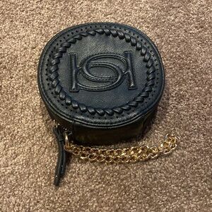 BeBe Black Round Wristlet  Wallet Purse Coin Pouch Clutch with gold chain zipper